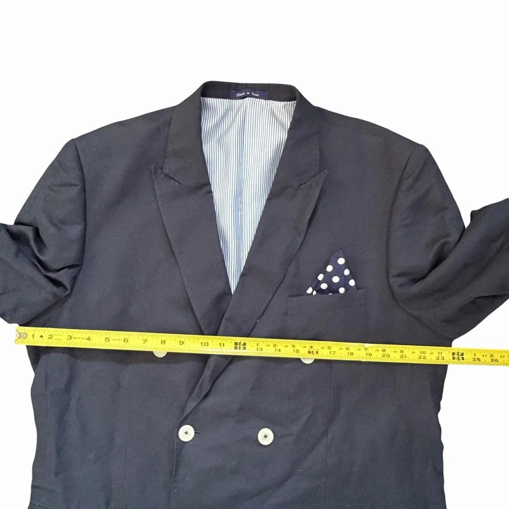 Alan Flusser Mens Navy Linen Blend Double Breasted Blazer Sport Coat 44R Classic